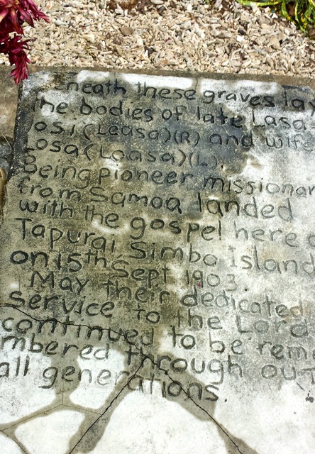 The gravestone of Samoan Methodist missionaries who worked in Simbo from 1903 to 1930. 