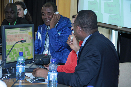 Peter Thompson (centre) is the Eastern Zonal Director at the Rural Agricultural Development Authority (RADA) in Jamaica, with CTA's Ken Lohento, who is charge if ICT for development. 